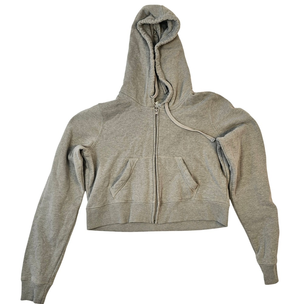 Hollister Womens Cropped Zip Up Hoodie Heather Gray Fleece Sweatshirt Large